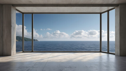 3d render of an empty concrete room with a large window on the sea background.