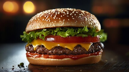 Cheeseburger with Fresh Lettuce, Ripe Tomato, and Melted Cheese on a Rustic Wooden Table
