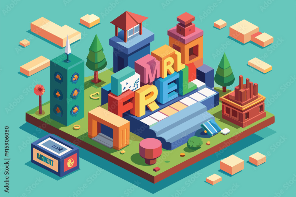 Aufkleber brightly colored buildings and trees create a lively urban landscape filled with geometric shapes an