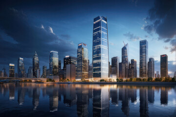 Obraz premium Urban Skyline: essence of modern city life with this dynamic image of towering skyscrapers in the heart of the financial district. generative AI