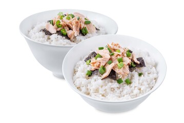 Rice bowl with salmon flakes, nori and scallion on a white isolated background