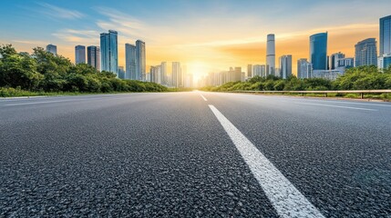 Asphalt Road Leading to Cityscape at Sunset
