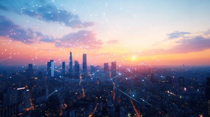 Fototapeta premium Connected Cityscape at Sunset