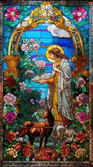 Stained glass artwork features a serene figure surrounded by blooming flowers and animals in a lush garden