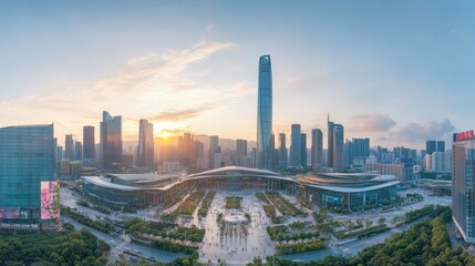 Obraz premium Aerial View of Modern Cityscape with Sunset