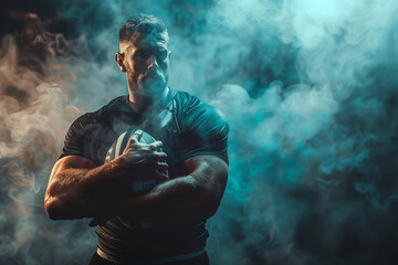 Passionate Rugby Player Holds Ball Amidst Dramatic Smoke in an Intense Athletic Moment