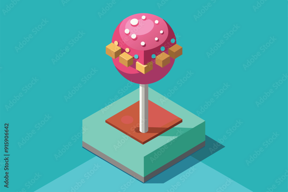 Poster a colorful cake pop with decorative elements sits on a modern base, showcasing its unique design in 