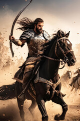 Fototapeta premium Epic Battle: dramatic image of a fierce warrior on horseback charging into battle. The chaos and intensity of the scene are captured in stunning detail. generative AI