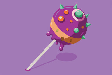 A colorful cake pop stands upright, showcasing its fun design with spiky details and vibrant dots against a bright purple backdrop