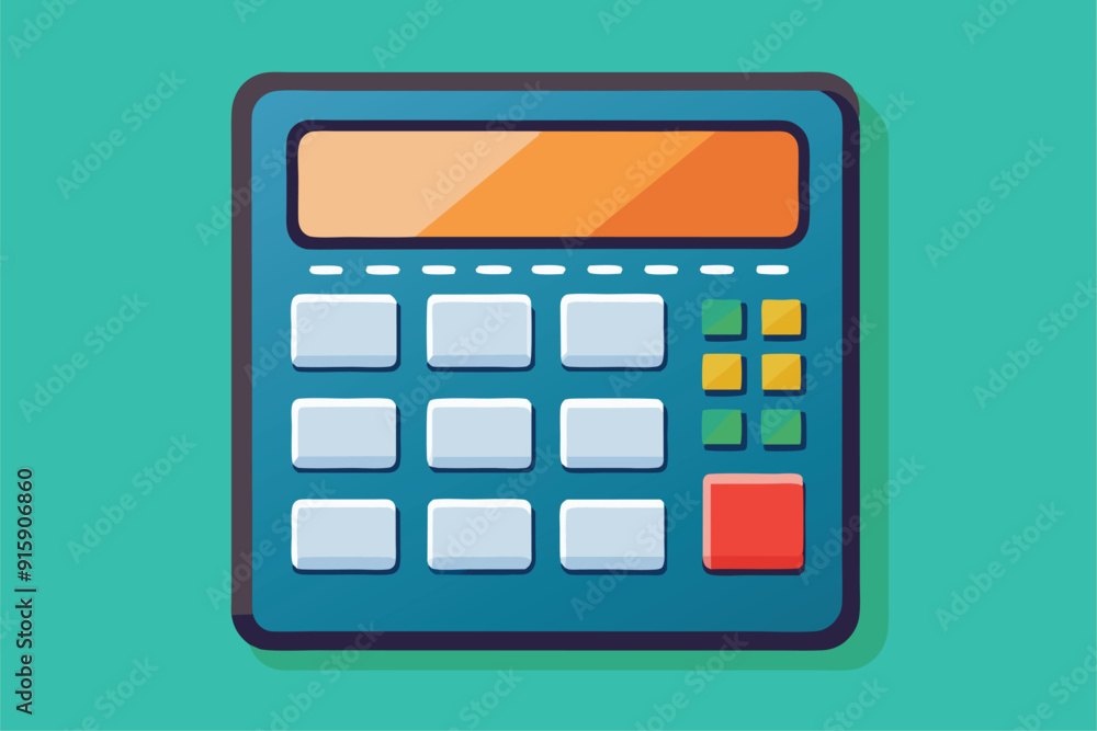 Poster A colorful calculator is displayed, featuring various buttons with different sizes, set against a vibrant teal background