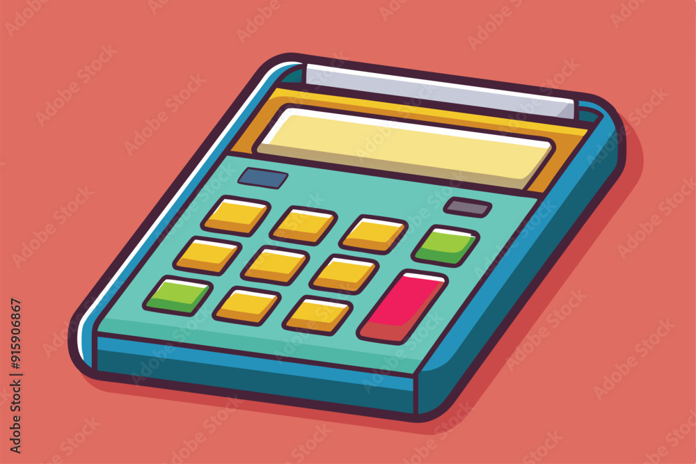 Aufkleber a cheerful cartoon drawing of a basic calculator with colorful buttons set against a bright backgrou