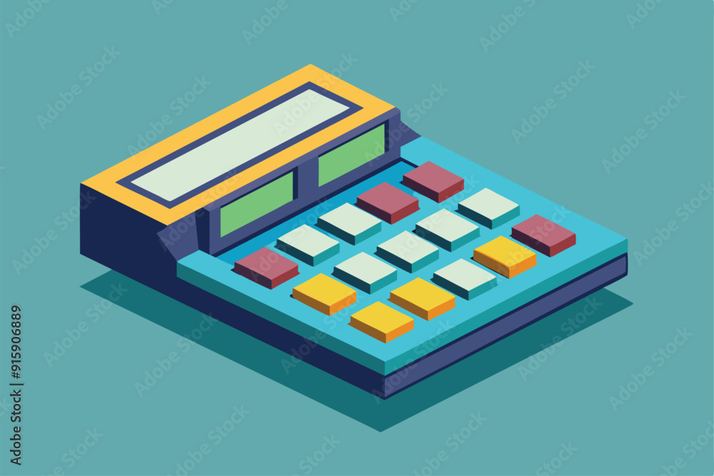 Poster a vibrant and stylish isometric calculator design featuring customizable buttons and a clear display
