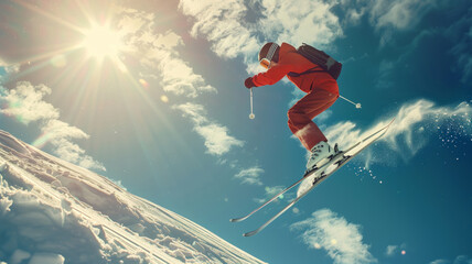 Dynamic Ski Jumper Soars Through the Bright Blue Sky Over Snowy Mountains at a Thrilling Winter Competition