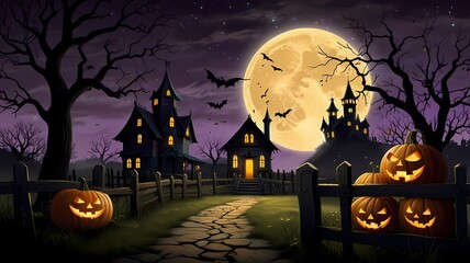 an enchanting Halloween scene with a haunted house on a hill, glowing jack-o'-lanterns, twisted trees, playful ghosts, a full moon, a witch on a broomstick, and eerie yet vibrant colours