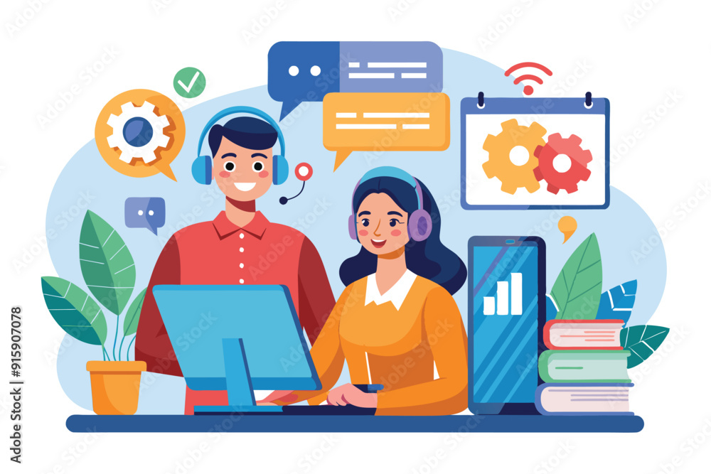 Poster two support agents assist customers using a computer, with communication tools and visuals enhancing