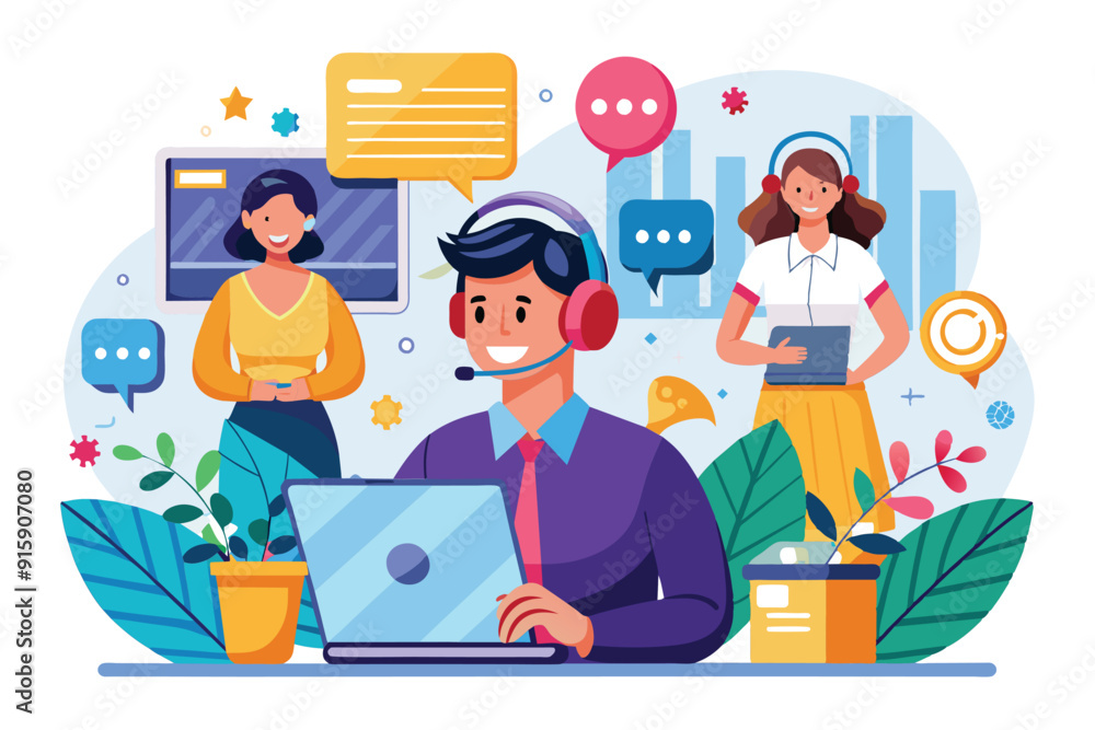 Poster customer service representatives engage in technical support duties while collaborating in a lively,