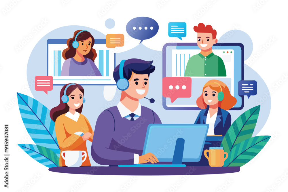 Poster customer support representatives assist clients using video conferencing while surrounded by a frien