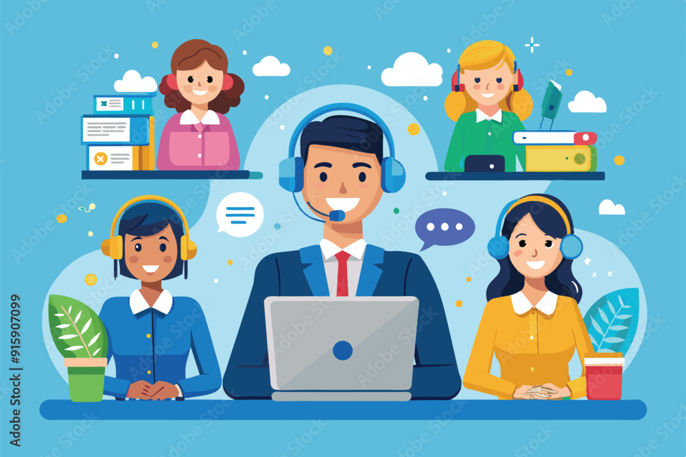 Poster a professional setting showcases a call center team actively engaging with customers using headsets 