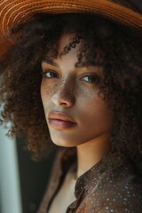 A close-up shot of a woman wearing a hat, great for use in fashion or lifestyle photography