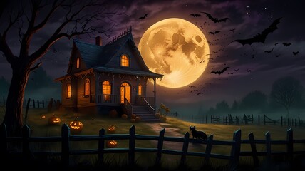 an enchanting Halloween scene with a haunted house on a hill, glowing jack-o'-lanterns, twisted trees, playful ghosts, a full moon, a witch on a broomstick, and eerie yet vibrant colours	
