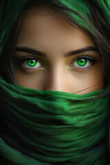 Naklejka premium Enigmatic Gaze: Emerald green eyes peer out from a soft green scarf, creating a mesmerizing and enigmatic portrait. generative AI