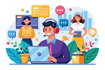 Customer service representatives engage in technical support duties while collaborating in a lively, colorful office setting