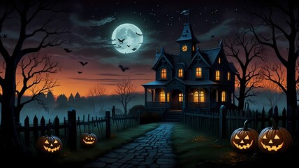 an enchanting Halloween scene with a haunted house on a hill, glowing jack-o'-lanterns, twisted trees, playful ghosts, a full moon, a witch on a broomstick, and eerie yet vibrant colours