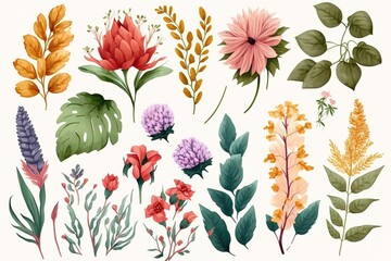 Collection of colorful floral illustrations with various leaves and flowers.