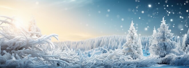 Christmas background. Xmas tree with snow decorated with garland lights, holiday festive background. Widescreen frame backdrop. New year Winter art design, Christmas scene wide screen holiday border