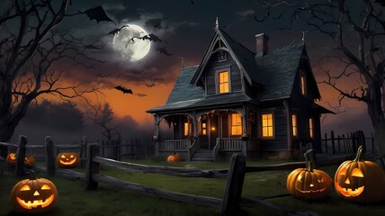 an enchanting Halloween scene with a haunted house on a hill, glowing jack-o'-lanterns, twisted trees, playful ghosts, a full moon, a witch on a broomstick, and eerie yet vibrant colours
