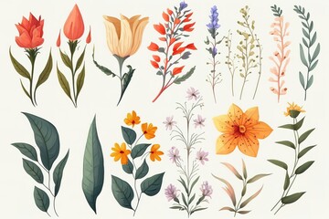 Collection of colorful flower and leaf illustrations.