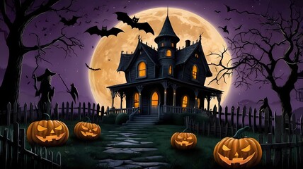 an enchanting Halloween scene with a haunted house on a hill, glowing jack-o'-lanterns, twisted trees, playful ghosts, a full moon, a witch on a broomstick, and eerie yet vibrant colours