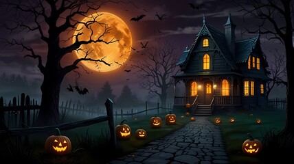 an enchanting Halloween scene with a haunted house on a hill, glowing jack-o'-lanterns, twisted trees, playful ghosts, a full moon, a witch on a broomstick, and eerie yet vibrant colours