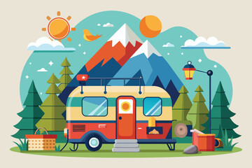 Obraz premium A vibrant caravan parked in a picturesque landscape, surrounded by mountains, trees, and a sunny sky, perfect for a camping adventure