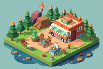 A customizable caravan is parked at a campsite, surrounded by trees, with a fire pit and seating area set for relaxation and enjoyment of nature