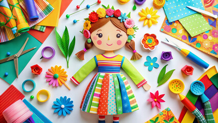 Fototapeta premium Vibrant paper cutout doll with colorful clothing and accessories stands against a white background, surrounded by scattered paper scraps and crafting supplies.