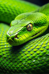 Obraz premium Close up view of dangerous green mamba snake. Snake head close up. The Green Mamba's intense gaze and venomous features are captured in stunning detail. generative AI