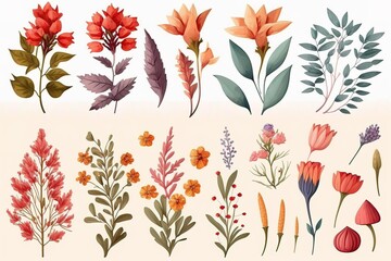 Collection of floral illustrations featuring various flowers, leaves, and branches.