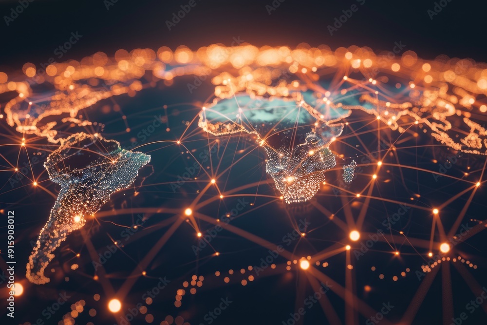 Poster A map of the world with glowing dots highlighting various locations
