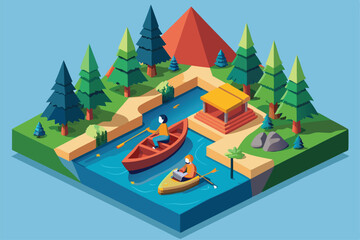 Obraz premium Two canoeists paddle through a tranquil river, surrounded by greenery and a mountain backdrop, enjoying the beauty of nature in a peaceful setting