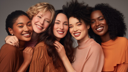 Obraz premium Group of diverse multiethnic women smiling together in a studio setting, celebrating friendship and female empowerment.