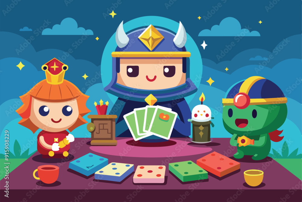 Poster cartoon characters enjoy a lively card game, showcasing colorful custom cards, snacks, and playful i