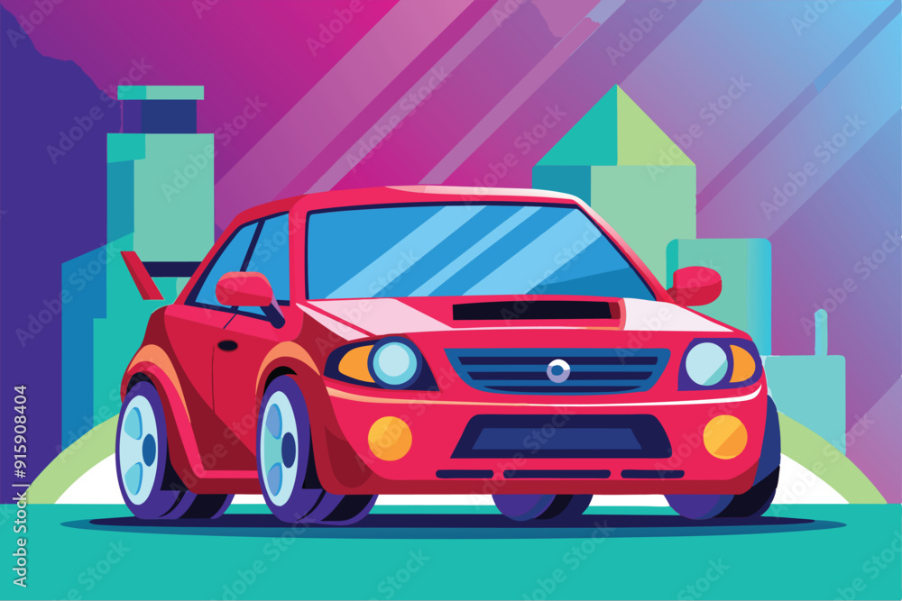 Poster a customizable red car is cruising through a colorful urban landscape during twilight, showcasing dy