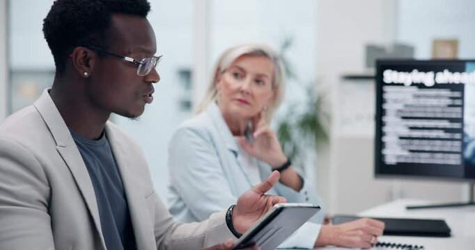 Business people, meeting and presentation on computer screen for science, technology and satellite innovation. Engineering, clients and investor listening to results, solution and space observation