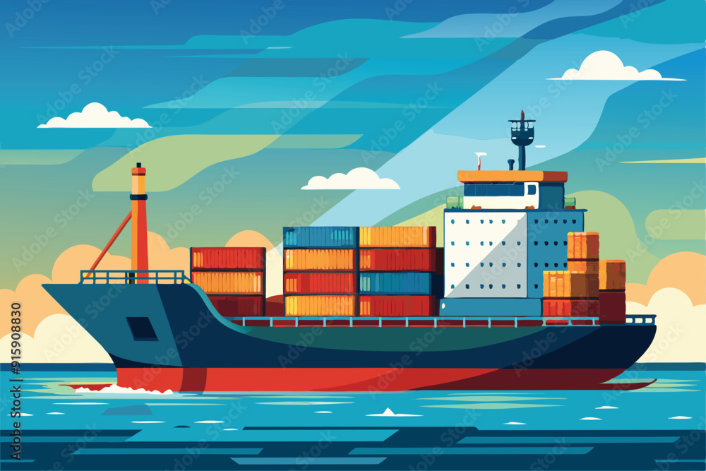 Poster a cargo ship loaded with colorful containers sails smoothly over the ocean waters, navigating throug