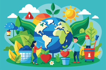 People actively participate in recycling and planting efforts while enjoying a sunny day, showcasing their commitment to caring for the environment