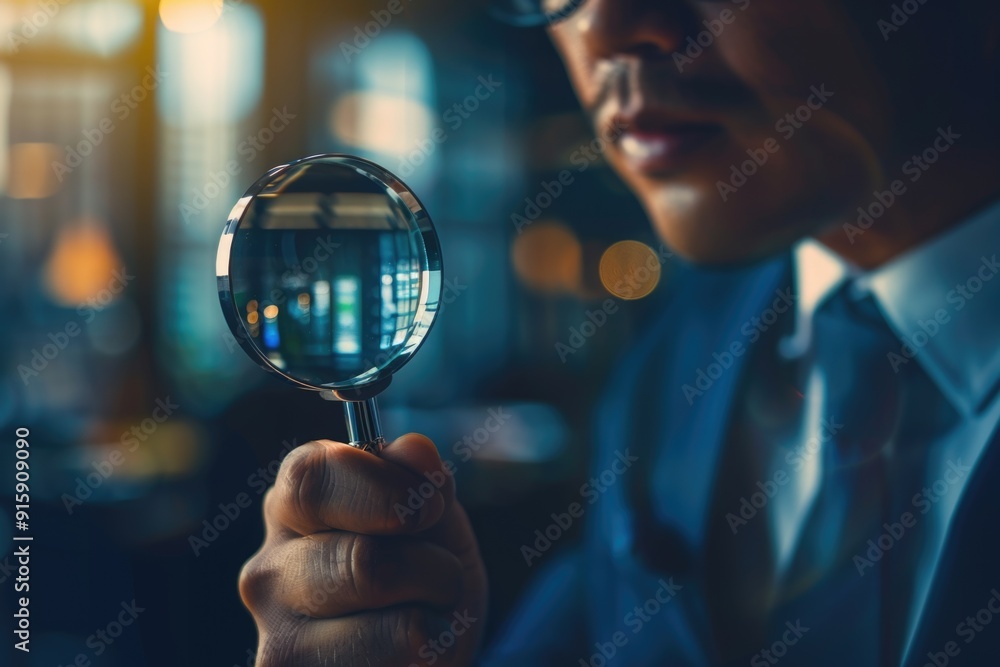 Poster a close-up of a person examining something with a magnifying glass, useful for science or mystery il