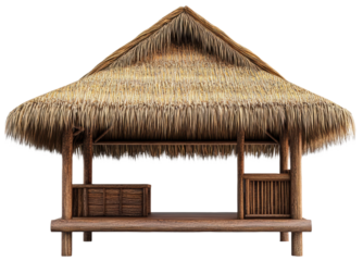Thatched roof hut in a tropical setting, cut out - stock png.