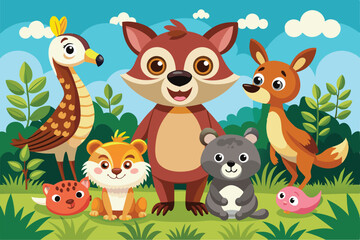 Naklejka premium A cheerful group of cartoon animals gathers in a vibrant natural setting, basking under the bright sun and surrounded by lush greenery