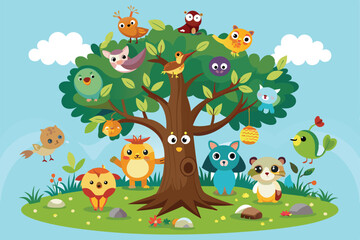 A variety of cheerful cartoon animals gather on and around a large tree, enjoying a sunny day filled with fun and friendship